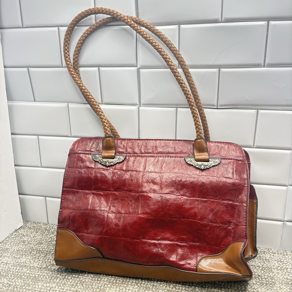 Bueno Leather Handbag Red Brick Color Woven Handle Nice